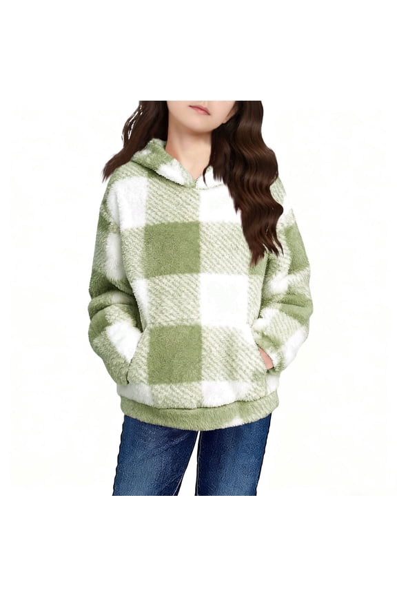 Kids Boys Girls Plaid Double-Faced Fleece Hooded Coat with Pockets Fall Winter Warm Windproof Casual Jacket Outerwear for Children 5-15 Years(Green,11 Years)