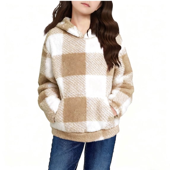 IVEYRTF Kids Boys Girls Plaid Double-Faced Fleece Hooded Coat with Pockets Fall Winter Warm Windproof Casual Jacket Outerwear for Children 5-15 Years(Khaki,11 Years)