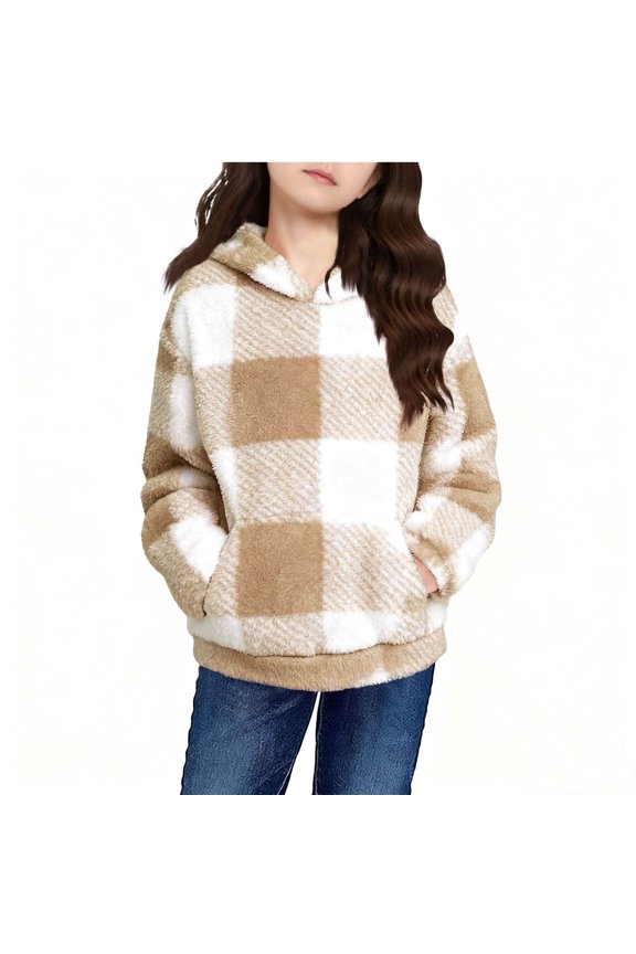 Kids Boys Girls Plaid Double-Faced Fleece Hooded Coat with Pockets Fall Winter Warm Windproof Casual Jacket Outerwear for Children 5-15 Years(Khaki,7 Years)