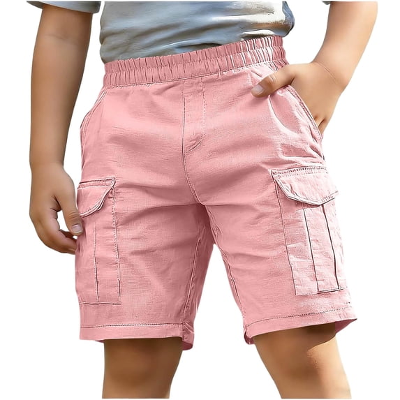 IVEYRTF Kids Cargo Shorts Linen Blend with Elastic Waist Boys Solid Color Casual Straight Leg for Back to School Comfort Mid Length Sports Pants(Pink,4-5 Years)