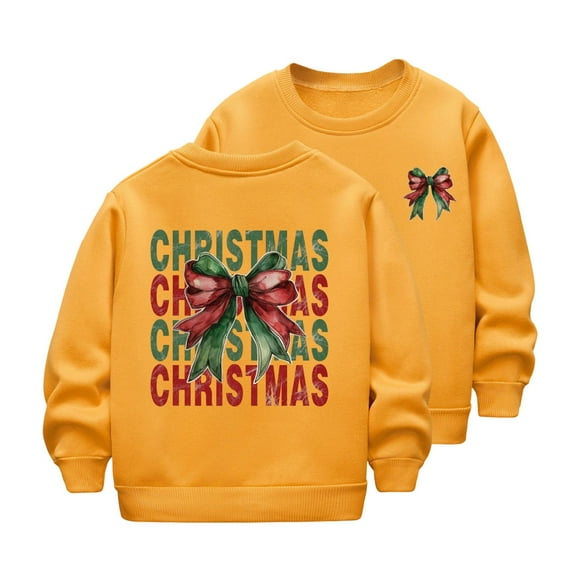 IVEYRTF Kids Christmas Print Hoodless Sweatshirt Loose Long Sleeve Round Neck Fall Winter Active Playwear Fleece Warm Top for Children 2-12 Years(Yellow,2 Years)
