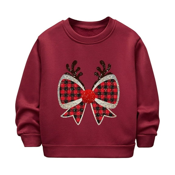 IVEYRTF Kids Christmas Print Hoodless Sweatshirt Loose Long Sleeve Round Neck Fall Winter Christmas Gifts Fleece Warm Top for Children 2-12 Years(Red#1,2 Years)