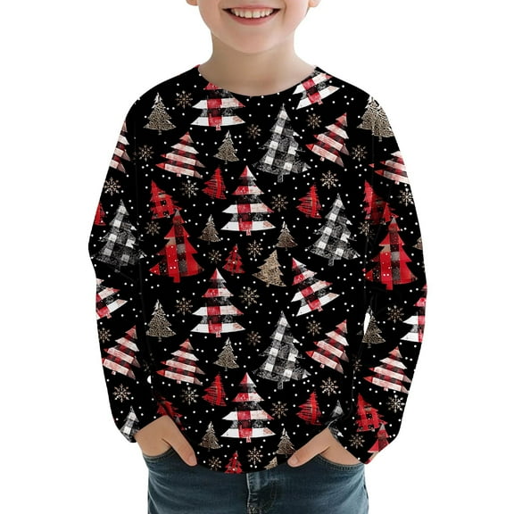 IVEYRTF Kids Christmas Print Long Sleeve Round Neck Blouses Shirts Casual Fall Winter Fleece Lined Tops Loose Hoodless Pullover for Children 3-14 Years(Multicolor,11 Years)