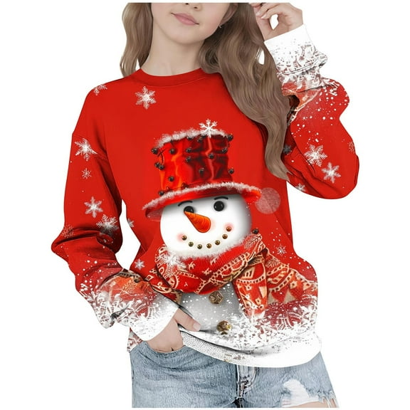 IVEYRTF Kids Cute Christmas Snowman Print Hoodless Sweatshirt Long Sleeve Round Neck Loose Casual Fall Winter Fleece Lined Warmth Tops for Children 2-14 Years(Watermelon Red,12 Years)