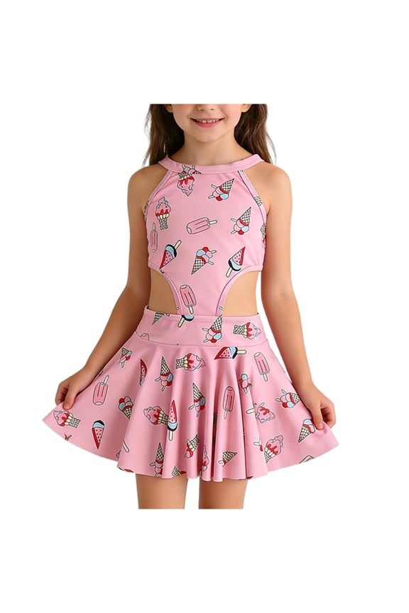 Kids Cute Print Two Piece Swimsuit Set Straps Neck Top with Skirts Bottoms Summer Pool Play Water Activities Beach Fun Cute Comfort Swimwear Outfit(Pink,2-3 Years)