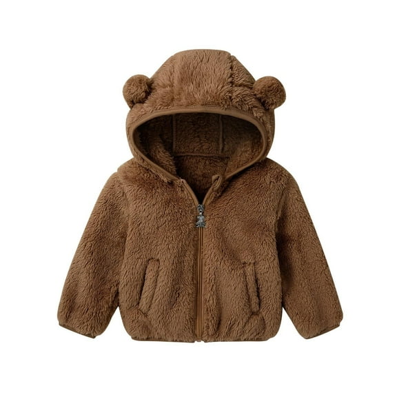 IVEYRTF Kids Double-Sided Plush Hooded Coat Cozy Fleece-Lined Fall Winter Warm Outerwear with Cute Bear Ears Hooded Jacket for Children 6 Months-4 Years(Brown#1,6 Months)