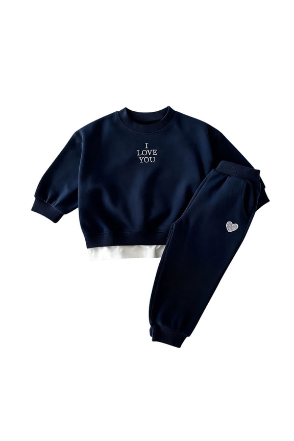 Kids Embroidered Letter and Heart Long Sleeve Hoodie Pants Set Comfortable Two Piece Sweatshirt Outfit for Playdates and Weekend Activities(Navy,3-4 Years)