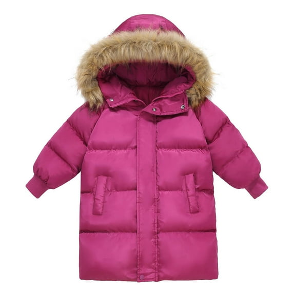 IVEYRTF Kids Fashion Winter Jacket Medium Length Tops Solid Color Hooded Coat Warm Thick Outerwear for Children Boys Girls Casual Sports(Hot Pink,5-6 Years)