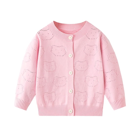 IVEYRTF Kids Fleece Lined Solid Color Cardigan Sweatshirt Soft Round Neck Long Sleeve Cozy Spring Fall Knitwear Comfortable Tops for Children 3-8 Years(Pink#1,6 Years)