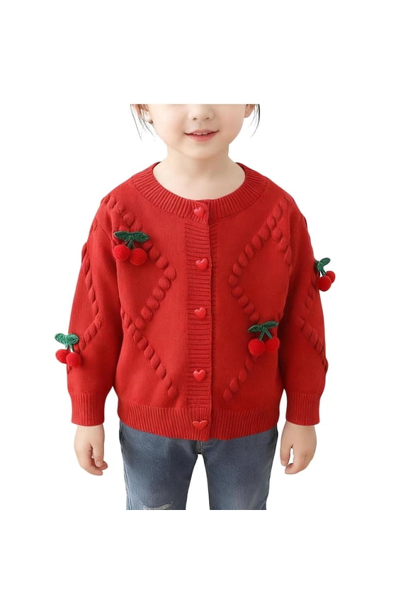 Kids Girls Cherry Jacquard Cardigan Sweater Long Sleeve Cozy Fall Winter Sweet Cute Plush Cover-up Tops Everyday Wear for Children 2-8 Years(Red,2 Years)