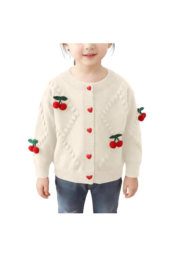 Kids Girls Cherry Jacquard Cardigan Sweater Long Sleeve Cozy Fall Winter Sweet Cute Plush Cover-up Tops Everyday Wear for Children 2-8 Years(White,3 Years)