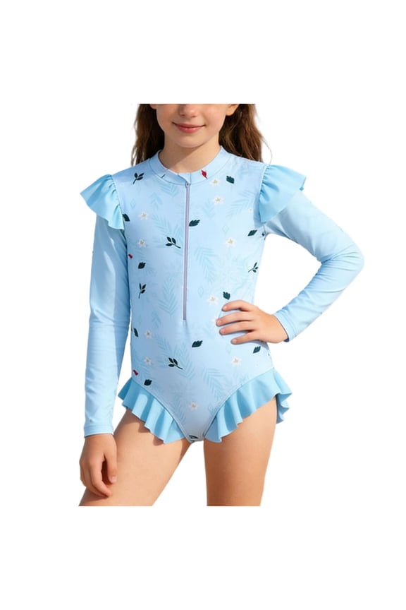 Kids Girls Floral Print Long Sleeve One Piece Swimsuit Sun Protection Design with Cut Ruffle Hem Summer Outdoor Pool Activities Water Play Comfort Bathing Suit(Blue,7-8 Years)