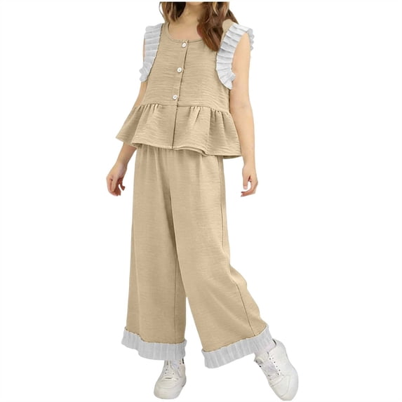 IVEYRTF Kids Girls Plaid 2PC Set Sleeveless Ruffled Tank Top with Wide Leg Pants Color Block Lace Trim Summer Outfit(Khaki#2,4-5 Years)