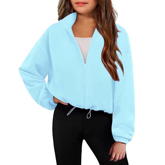 IVEYRTF Kids Girls Plush Fleece Jacket Long Sleeve Stand Collar Soft Warm Winter Casual Everyday Outerwear for Children 6-13 Years(Blue#1,6 Years)