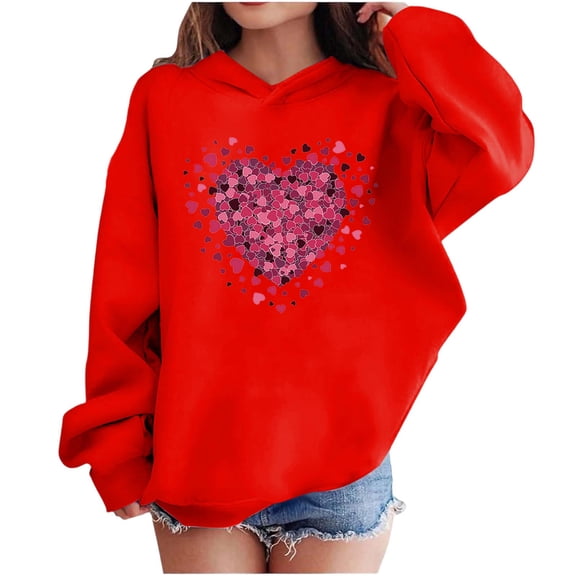 IVEYRTF Kids Heart Print Hooded Long Sleeve Top Casual Sweatshirt for Children Comfortable for Outdoor Play and Daily Activities Soft Material(Red,11 Years)