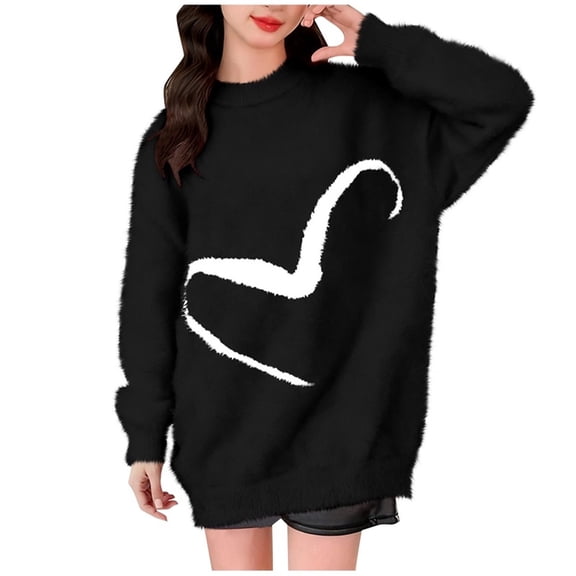 IVEYRTF Kids Heart Print Mid Long Sleeve Round Neck Sweater Warm Pile Knitwear for Fall Winter Seasons Cozy Top for Casual Wear(Black,5-6 Years)