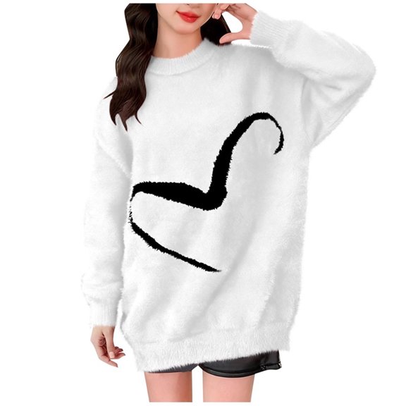 IVEYRTF Kids Heart Print Mid Long Sleeve Round Neck Sweater Warm Pile Knitwear for Fall Winter Seasons Cozy Top for Casual Wear(White,5-6 Years)