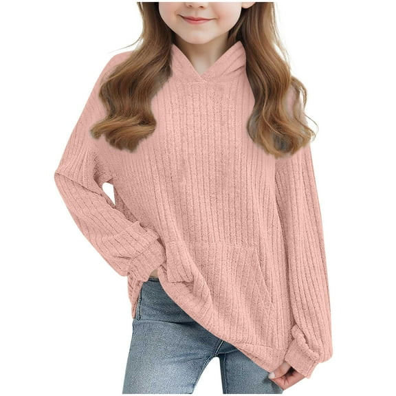 IVEYRTF Kids Hooded Sweatshirt Long Sleeve Solid Color Knit Ribbed Round Neck Pocket Tops for Boys and Girls Casual Comfortable Soft Fabric(Pink,4-5 Years)