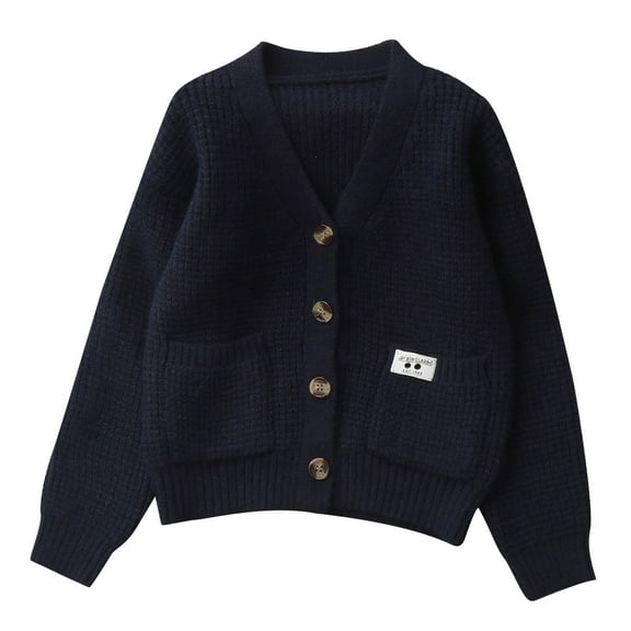 IVEYRTF Kids Knitted Cardigan Long Sleeve Sweater Warm Cozy Outerwear with Pocket for Children Boys Girls Soft Comfortable Everyday Wear Fall Winter(Dark Blue,7 Years)