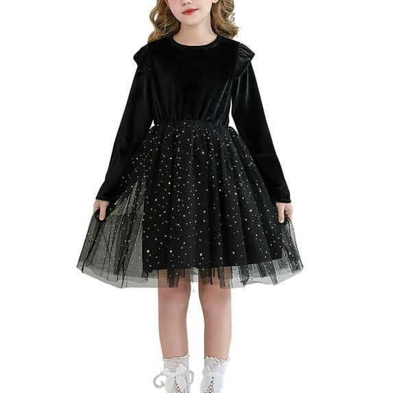 IVEYRTF Kids Long Sleeve Round Neck Glitter Dress Solid Color Party Performance Dress Winter Holiday Birthday Party Chiffon Mesh Skirt for Little Girls(Black,10-11 Years)