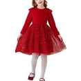 thumbnail image 1 of IVEYRTF Kids Long Sleeve Round Neck Glitter Dress Solid Color Party Performance Dress Winter Holiday Birthday Party Chiffon Mesh Skirt for Little Girls(Red,4-5 Years), 1 of 9