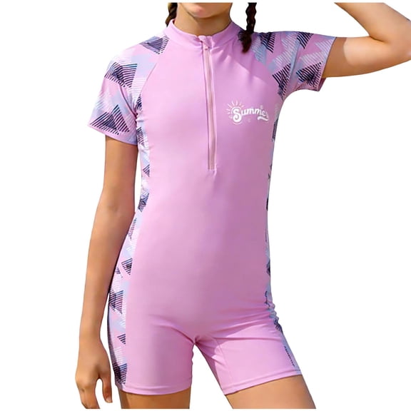 IVEYRTF Kids One Piece Swimsuit Set Short Sleeve Half Zip for Swimming Practice Surfing Water Sports Activities Comfort Fit Training Swimwear(Pink#2,3-5 Years)