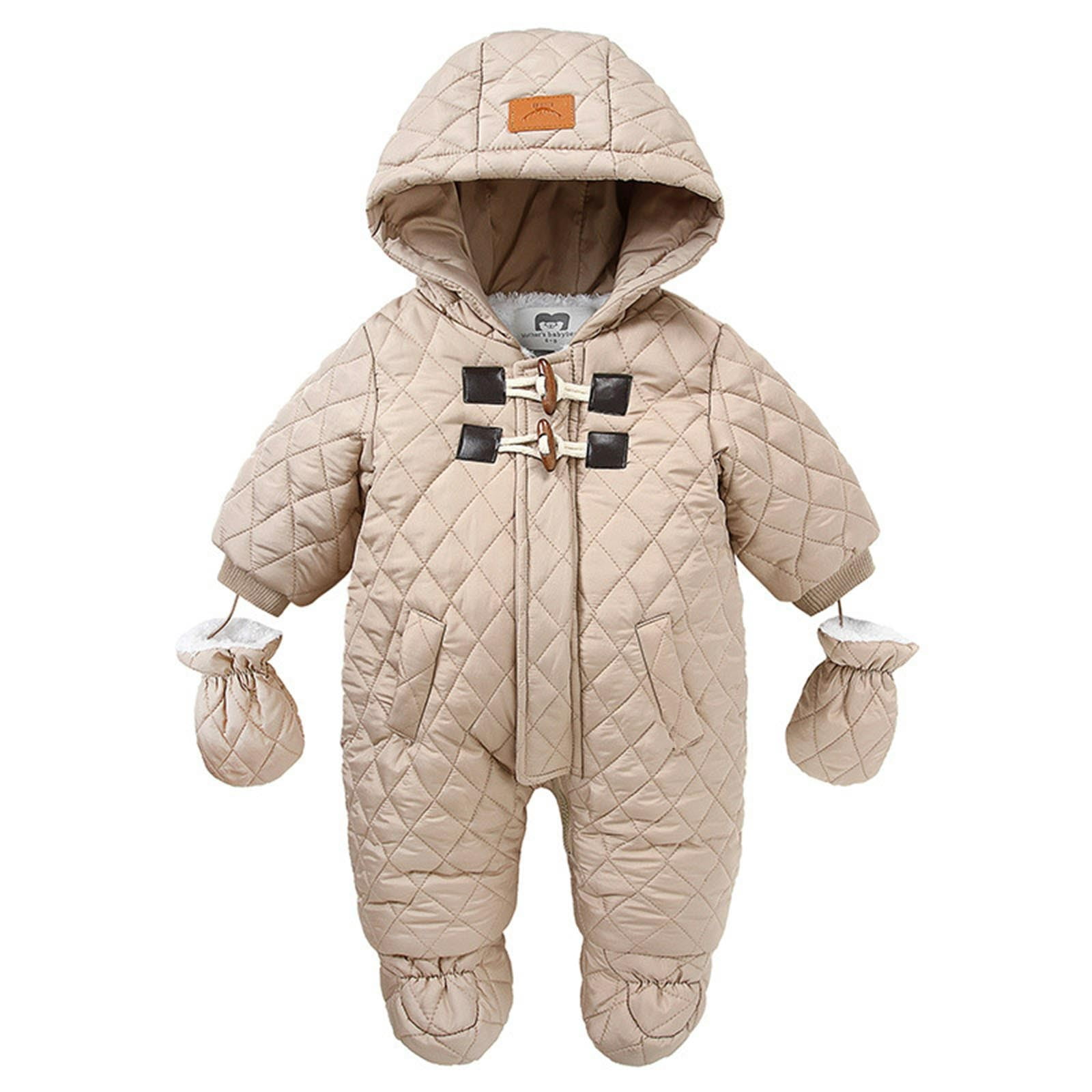 IVEYRTF Kids Plaid Hooded Coverall Winter Warm Padded Footed with Gloves Full Bodywear One-Piece Outfit for Children 6-24 Months(Khaki,18 Months)