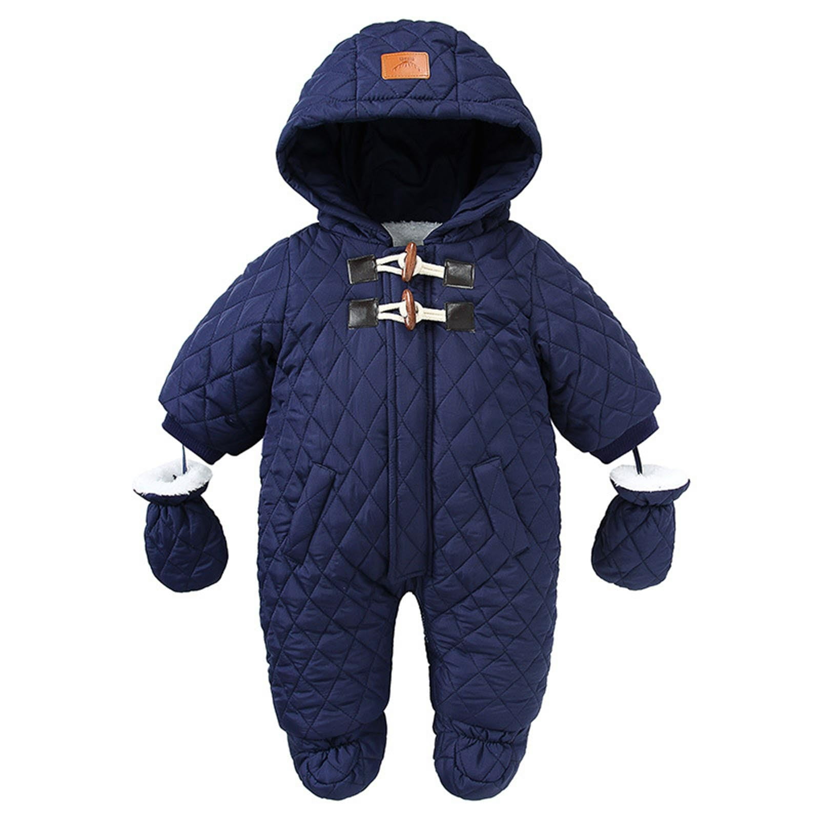 IVEYRTF Kids Plaid Hooded Coverall Winter Warm Padded Footed with Gloves Full Bodywear One-Piece Outfit for Children 6-24 Months(Navy,12 Months)