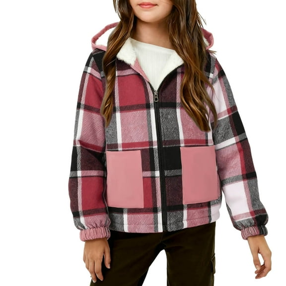 IVEYRTF Kids Plaid Hooded Jacket Long Sleeve Zipper Front Coat Warm Faux Fleece Lined Outerwear with Large Pockets Fashionable Thick Fall Winter Coat for Big Kids(Hot Pink,8-9 Years)