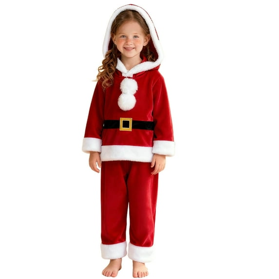 IVEYRTF Kids Santa Claus Set Christmas Hooded Long Sleeve Top and Pants Festive Holiday Plush Fleece Two-Piece Outfit(Red,4-5 Years)