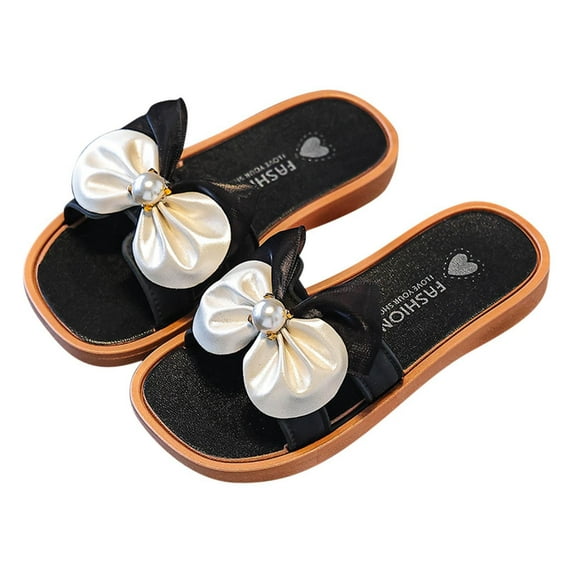 IVEYRTF Kids Shoes Summer Bow and Pearl Flops Versatile Soft Sole Casual Beach Sandals Children Outdoor Play Activities Elegant Footwear(Black,5.5-7.5 Years)