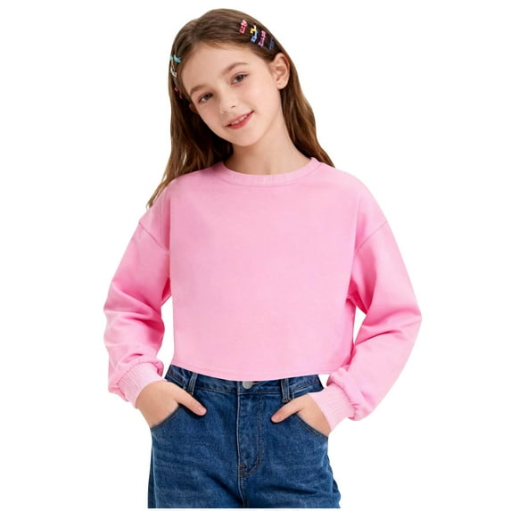 IVEYRTF Kids Solid Color Cropped Crewneck Sweatshirt Long Sleeve Casual Top for Boys and Girls Comfortable Pullover for Daily Wear Soft Shirt(Pink,5 Years)