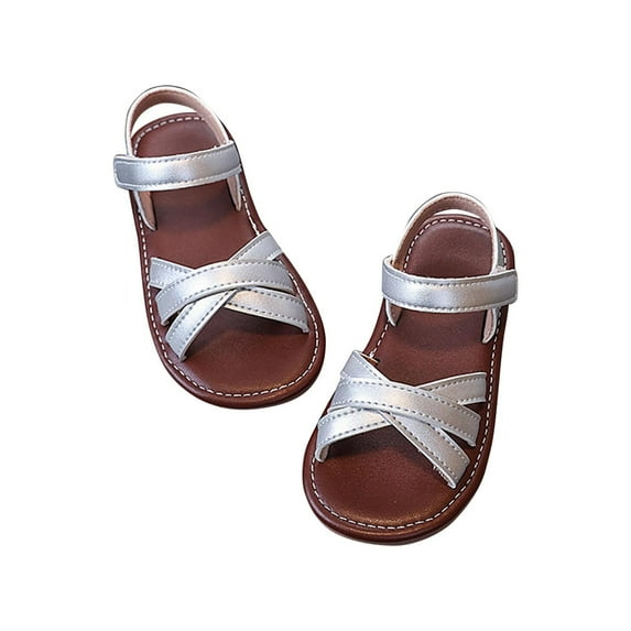 IVEYRTF Kids Solid Color Floral Print Soft Sole Sandals Hook and Loop Closure Comfortable Breathable Outdoor Casual Shoes Non Slip Footwear for Girls Daily Summer Footwear(Silver#1,6.5-7 Years)