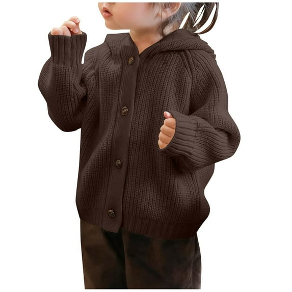 IVEYRTF Kids Solid Color Hooded Knit Sweater Long Sleeve Casual Comfortable Fall Winter Cozy Cardigan Outerwear Top for Children 2-12 Years(Brown,8 Years)