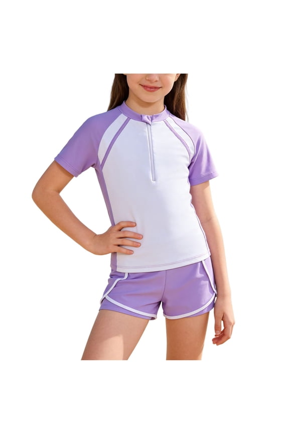 Kids Solid Color Short Sleeve Two Piece Swimsuit Set Half Zip Top with Square Leg Bottoms Summer Outdoor Pool Parties Water Activities Sporty Comfort Outfit(Purple,3-4 Years)
