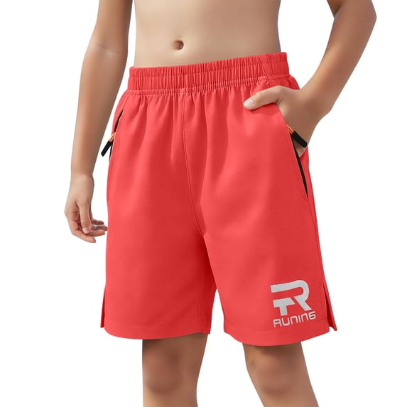 IVEYRTF Kids Stretch Shorts with Breathable Elastic Waist and Zipper Pockets Boys Solid Color Casual Summer Activities Comfort Bottoms for Play(Red,14-15 Years)