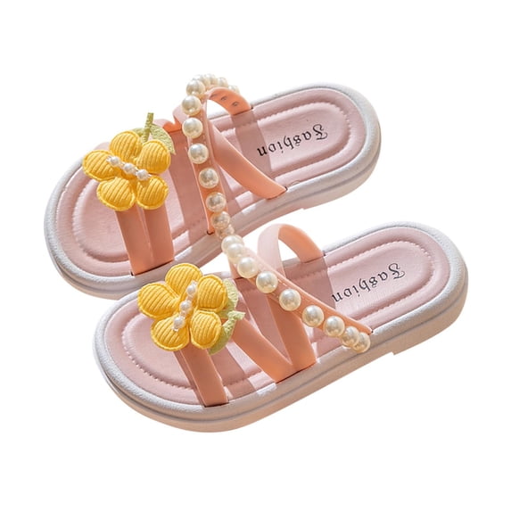 IVEYRTF Kids Summer Fashion Flower and Pearl Vintage Sandals Wedge Heel Beach Shoes for Casual Wear and Outdoor Activities Stylish Footwear for Girls(Pink#1,5.5-7.5 Years)