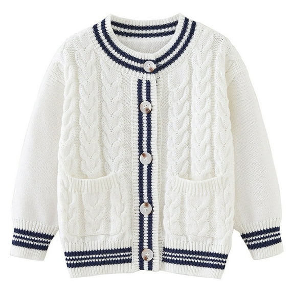 IVEYRTF Kids Sweater Color Block Cable Knit Cardigan Button Front with Pockets Fall Winter Cozy Cotton Outerwear for Boys and Girls 3-8 Years(White,5 Years)