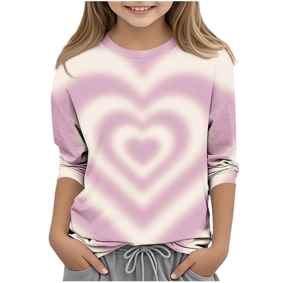 IVEYRTF Kids Valentine's Print Long Sleeve Shirt Crewneck Pullover Top Soft Casual Blouse for Girls Toddler Youth Round Neck Tee Everyday Outfit Holiday Party Wear(Beige#2,11 Years)