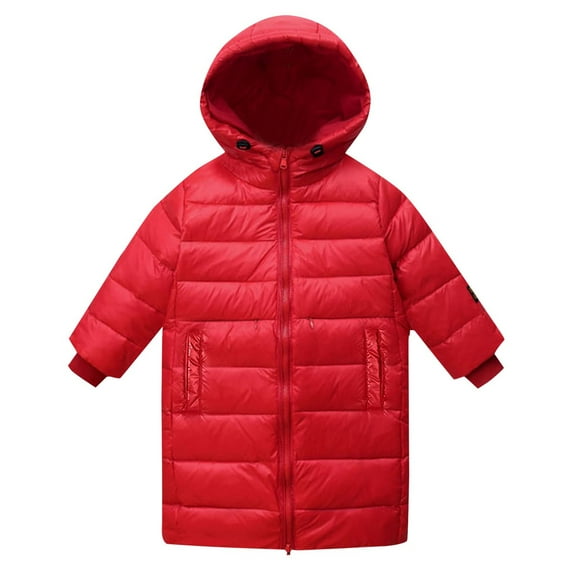 IVEYRTF Kids Waterproof and Windproof Winter Hooded Down Jacket Full Zipper Warm Long Sleeve Coat Long Outerwear for Children Boys Girls Cold Weather(Red,7-8 Years)