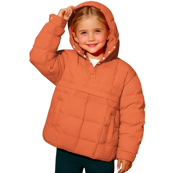 IVEYRTF Kids Winter Quilted Jacket Hooded Padded Coat for Boys Girls Outdoor Activities Long Sleeve Windproof Warm Jacket for Cold Weather Daily Wear Vacation(Orange,4 Years)