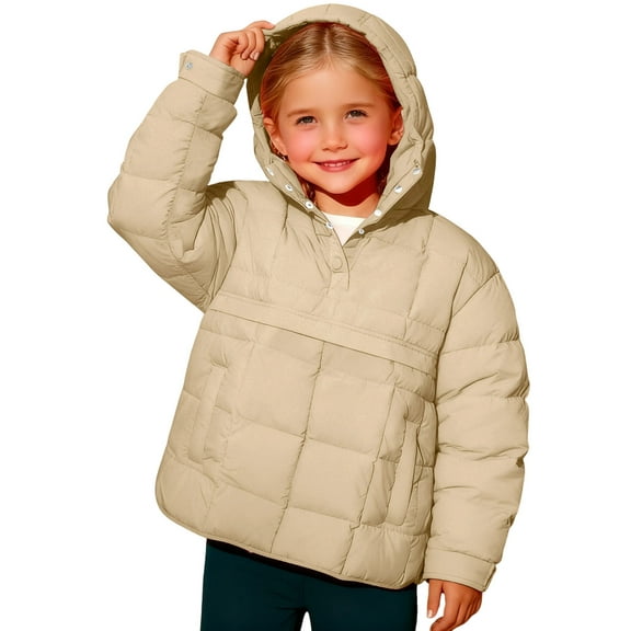 IVEYRTF Kids Winter Quilted Jacket Hooded Padded Coat for Boys Girls Outdoor Activities Long Sleeve Windproof Warm Jacket for Cold Weather Daily Wear Vacation(Beige,9 Years)
