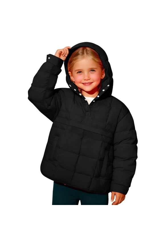 Kids Winter Quilted Jacket Hooded Padded Coat for Boys Girls Outdoor Activities Long Sleeve Windproof Warm Jacket for Cold Weather Daily Wear Vacation(Black,5 Years)
