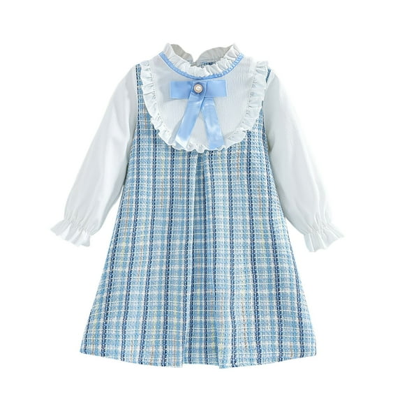 IVEYRTF Little Girls Cute Bow Tie Dress Long Sleeve Collar Dresses Comfortable Soft Breathable Chiffon Fabric for Daily Wear Travel Holiday Party(Light Blue,4-5 Years)
