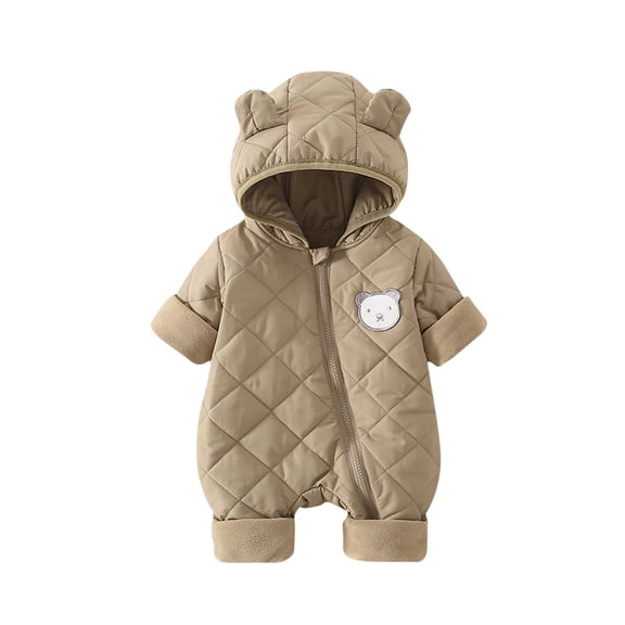 IVEYRTF Toddler Kids Bodysuit Cute Bear Print Fleece-Lined Hooded Romper Zip Front Thermal Fall Winter Cozy Warm One-Piece Outerwear for Children 1-2 Years(Khaki,1 Years)