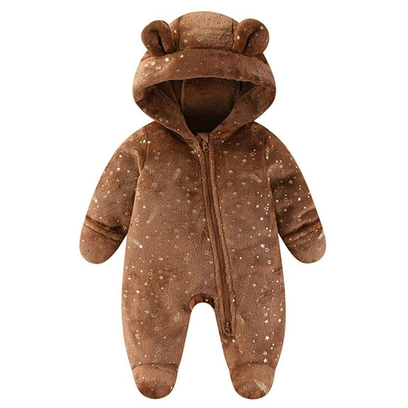 IVEYRTF Toddler Kids Bodysuit Cute Print Fleece-Lined Hooded Romper Zip Thermal Fall Winter Cozy Warm One-Piece Outerwear for Baby 1-2 Years(Coffee,3 Years)