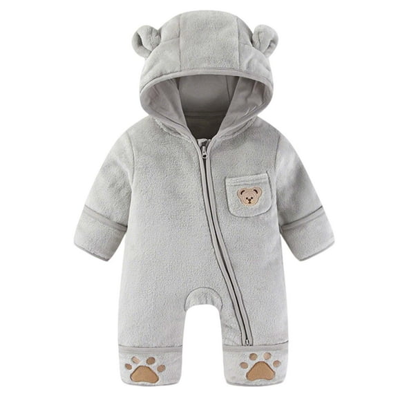 IVEYRTF Toddler Kids Bodysuit Cute Print Fleece-Lined Hooded Romper Zip Thermal Fall Winter Cozy Warm One-Piece Outerwear for Baby 1-2 Years(Gray,9 Months)