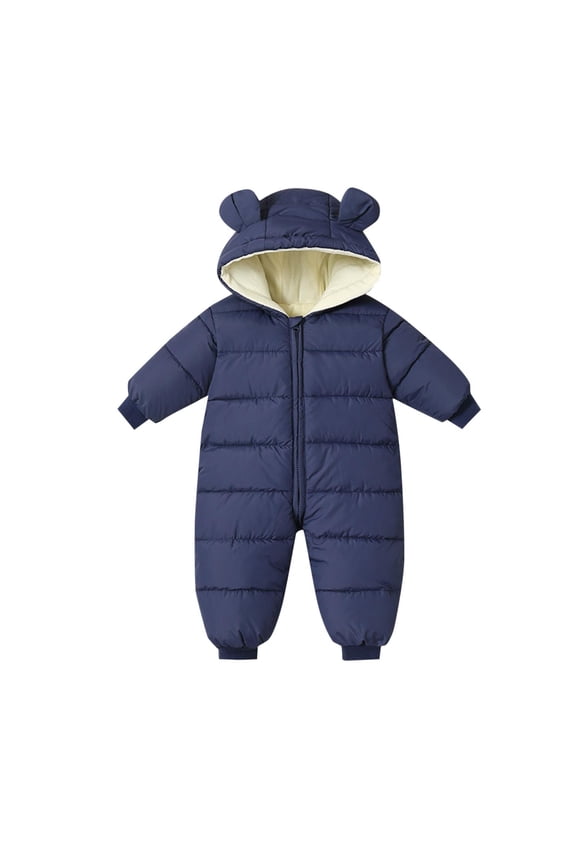 Toddler Kids Bodysuit Cute Print Fleece-Lined Hooded Romper Zip Thermal Fall Winter Cozy Warm One-Piece Outerwear for Baby 1-2 Years(Navy,2 Years)