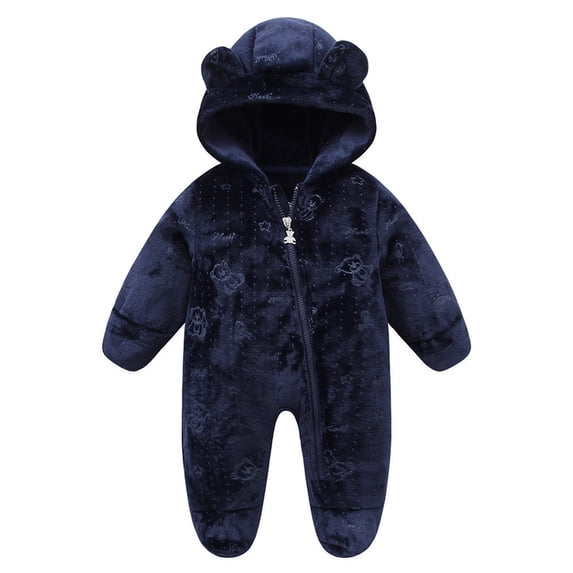 IVEYRTF Toddler Kids Bodysuit Cute Print Fleece-Lined Hooded Romper Zip Thermal Fall Winter Cozy Warm One-Piece Outerwear for Baby 1-2 Years(Navy,6 Months)
