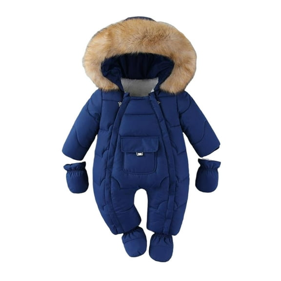 IVEYRTF Toddler Kids Solid Color Hooded Romper Thick Lined Full Sleeve Bodysuit Fall Winter Warm Cozy Soft Onesie for Infants Boys and Girls 3-24 Months(Navy,18 Months)